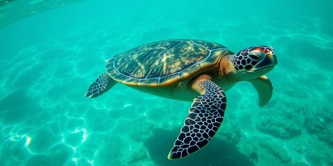 Obraz premium Serene Underwater World A Majestic Sea Turtle Gracefully Navigates the Crystal-Clear Depths