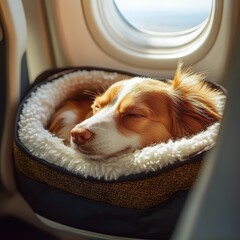 Dog sleeping peacefully during airplane trip.