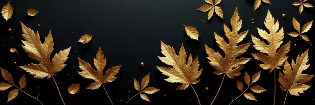 Intricate, gold-leaf skeleton leaves on black backdrop, black, metallic