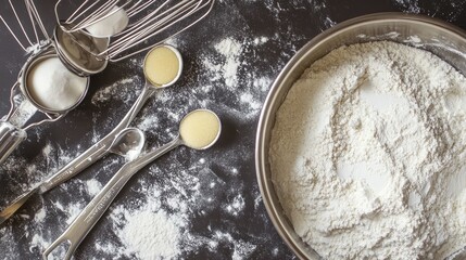 Measuring spoons in a mixing bowl with flour and sugar, ready for baking preparation