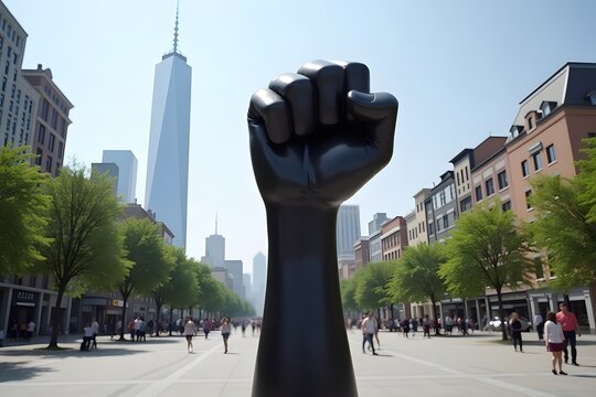 A Black fist sculpture standing tall in a city plaza.