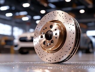 Close-up of a high-performance car brake disc in a well-lit garage setting.