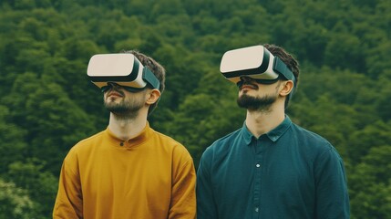 Two men wearing virtual reality headsets outdoors in nature.