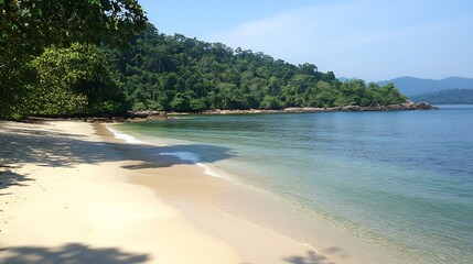 Idyllic Tropical Beach Scenery in Tioman Island, Malaysia with Lush Green Forest and Azure Waters