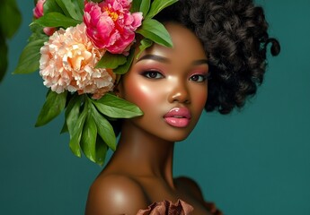 Elegant woman with floral wreath and glamorous makeup in a spring setting