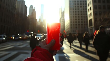 City street sunlit red object held