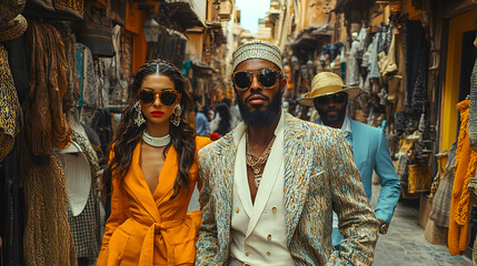 Obraz premium Stylish Trio Strolling Through A Vibrant Marketplace