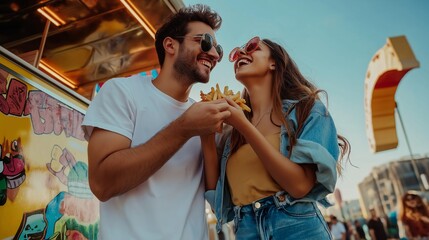 Under a bright blue sky, a cheerful couple enjoys fries together at a lively food truck festival. Their laughter and connection fill the air as they bask in the warmth of the sun