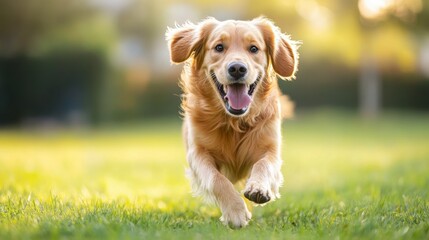Golden Retriever running through a grassy field, tongue out, joyful expression, bathed in golden sunlight.