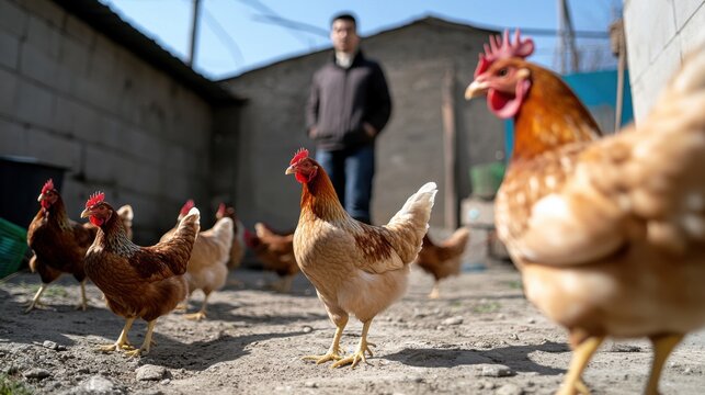 Free-range chickens in a barnyard, farmer in background, observing his flock.