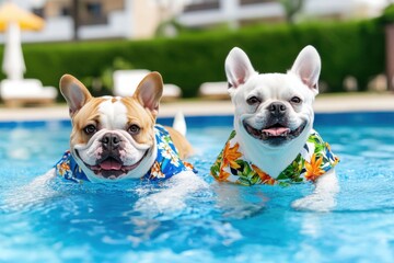 Fototapeta premium Two French Bulldogs, wearing floral vests, happily swim in a pool, enjoying the cool water on a sunny day.