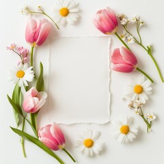 Elegant blank torn paper with pink tulips and white daisies arranged on a white background for spring-themed invitations or messages