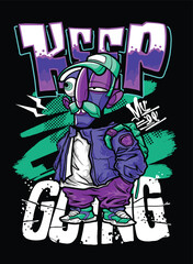 A colorful and dynamic graffiti cartoon character with exaggerated facial expressions, urban fashion, and stylish accessories. This vector illustration is ideal for T-shirt prints, merchandise, and di