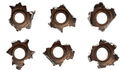 Set of six bullet holes showing metal damage on transparent background