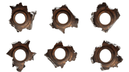 Set of six bullet holes showing metal damage on transparent background