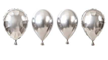 Four silver balloons floating with transparent background