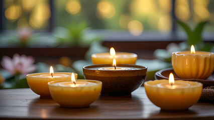 Spa candles on the counter and a bright yellow backdrop.