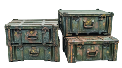 Four stacked military storage boxes with camouflage pattern on transparent background