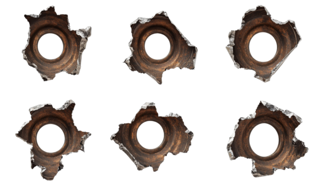 Set of six bullet holes showing metal damage on transparent background