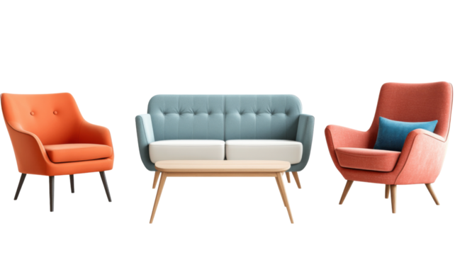 Modern furniture set with sofa and armchairs on transparent background