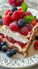 Fruit-topped cream cake with raspberries, blueberries, and mint leaves on white plate. No-Bake Dessert Lasagna