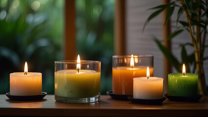 Set of spa candles is placed on a counter with a blurred garden background.