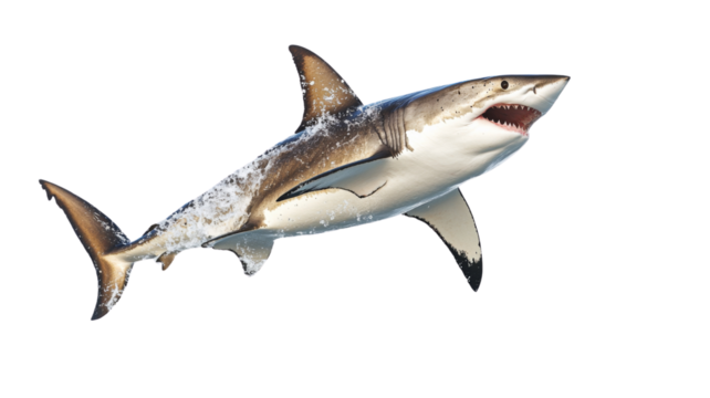 Great white shark jumping out of the water with transparent background