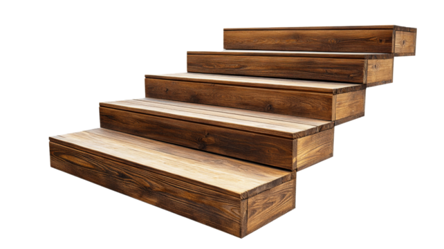 Wooden staircase floating on transparent background, reaching upwards