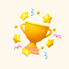 3D winners cup. Trophy cup. Vector award nomination background with achieve stars