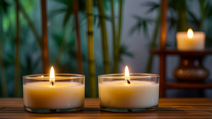 Spa candles on a bamboo forest backdrop