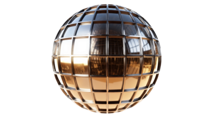 Reflective metallic sphere with grid pattern on transparent background