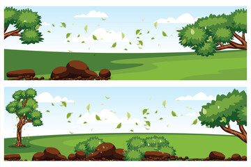 Vector illustration of nature scenery with trees, bushes and rocks