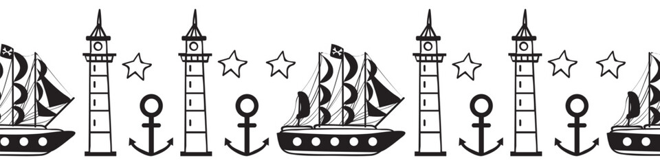 Marine decorative border Pirate border in doodle style.