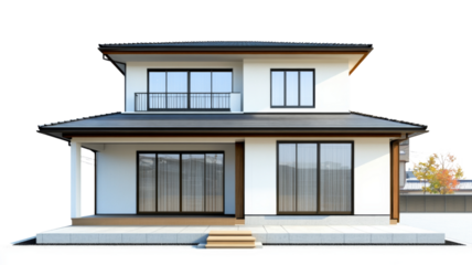 Modern japanese house with transparent background featuring balcony and large windows