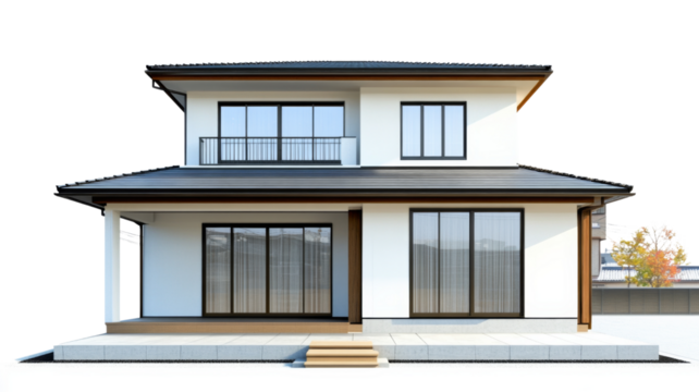 Modern japanese house with transparent background featuring balcony and large windows