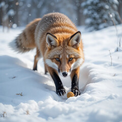 Obraz premium An image of a fox walking along a snowy animal trail.