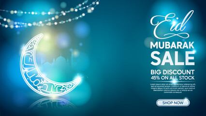 Eid Mubarak Elegant Luxury Background with Glow Crescent with Mosque Silhoutte