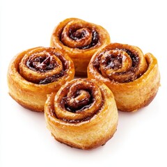 Fototapeta premium Four golden-brown cinnamon rolls glistening with sweet glaze closely arranged together on a stark white background perfect for a dessert or bakery concept