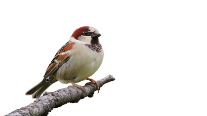 House sparrow perched on branch with transparent background