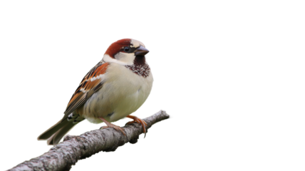 House sparrow perched on branch with transparent background