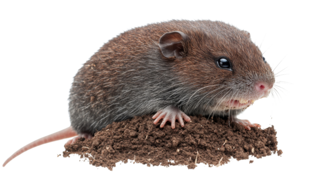 Brown house mouse emerging from dirt mound on transparent background