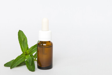 Natural Mint Essential Oil in a Glass Bottle. organic cosmetics with herbal extracts of mint on colored background