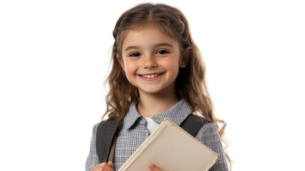 Obraz premium Smiling student girl holding book and wearing backpack on transparent background
