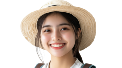 Smiling tourist wearing straw hat on transparent background