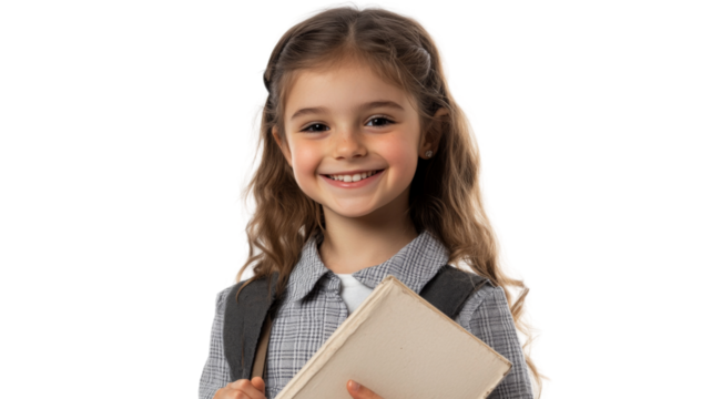 Smiling student girl holding book and wearing backpack on transparent background