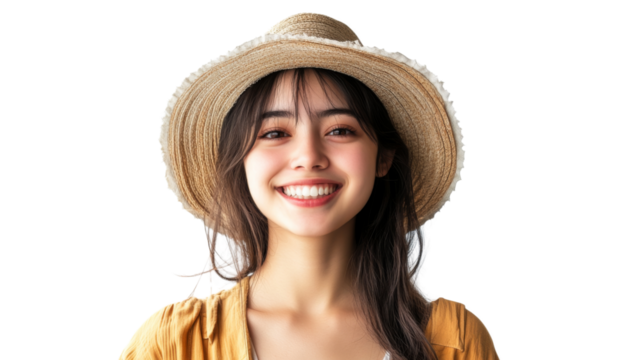 Young woman wearing a straw hat smiling on a transparent background