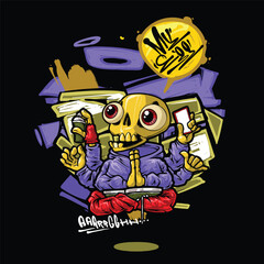 A vibrant and detailed graffiti-style illustration featuring a cool street art character wearing a snapback, hoodie, and sunglasses. The bold colors and urban aesthetic make this vector artwork perfec