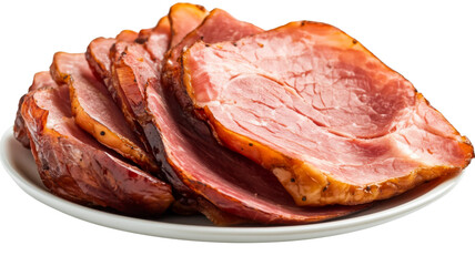Sliced glazed ham on white plate with transparent background