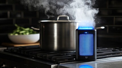 Waterproof digital timer with a blue LED screen, placed beside a boiling pot on the stove