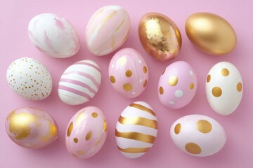 Fototapeta premium White and gold Easter eggs with polka dot and striped patterns arranged on a pink background. Flat lay composition. Festive holiday